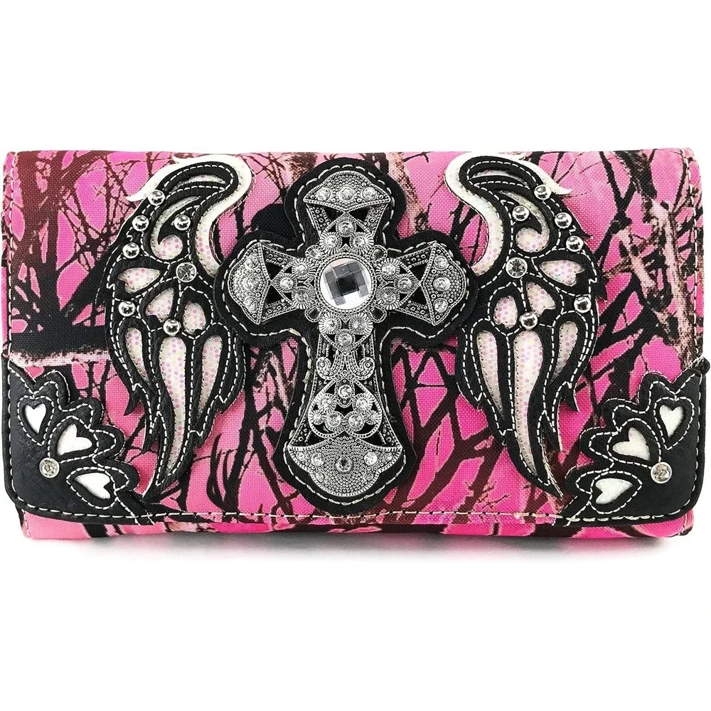 Western Camo deer Crossbody Wallet Pink Canvas Rhinestone Cross Angel Wings Y2K